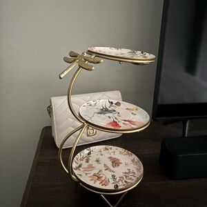 Floral Tiered Jewelry Stand with Dragonfly Accent